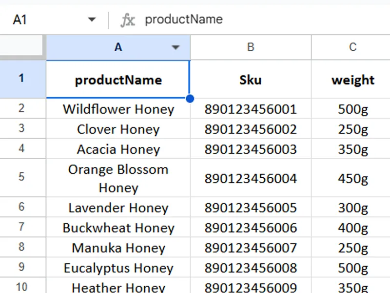 An example spreadsheet with a list of unique pallet IDs.