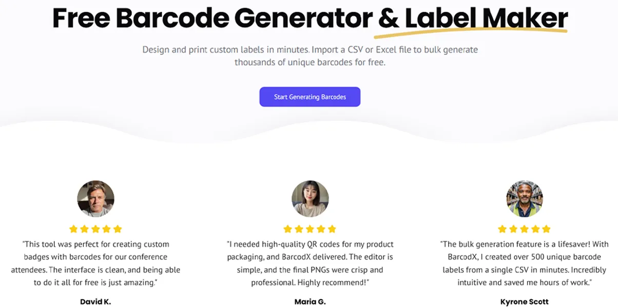 The interface of a free bulk barcode creator online showing label design.