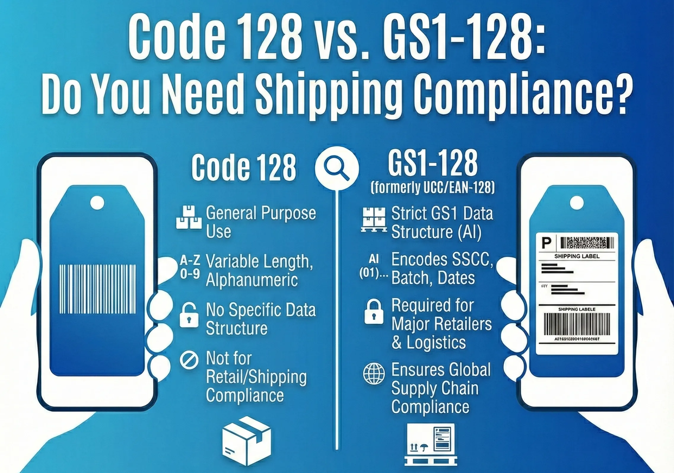 Infographic comparing Code 128 and GS1-128 barcodes, detailing their uses and highlighting that GS1-128 is mandatory for global shipping and supply chain compliance.