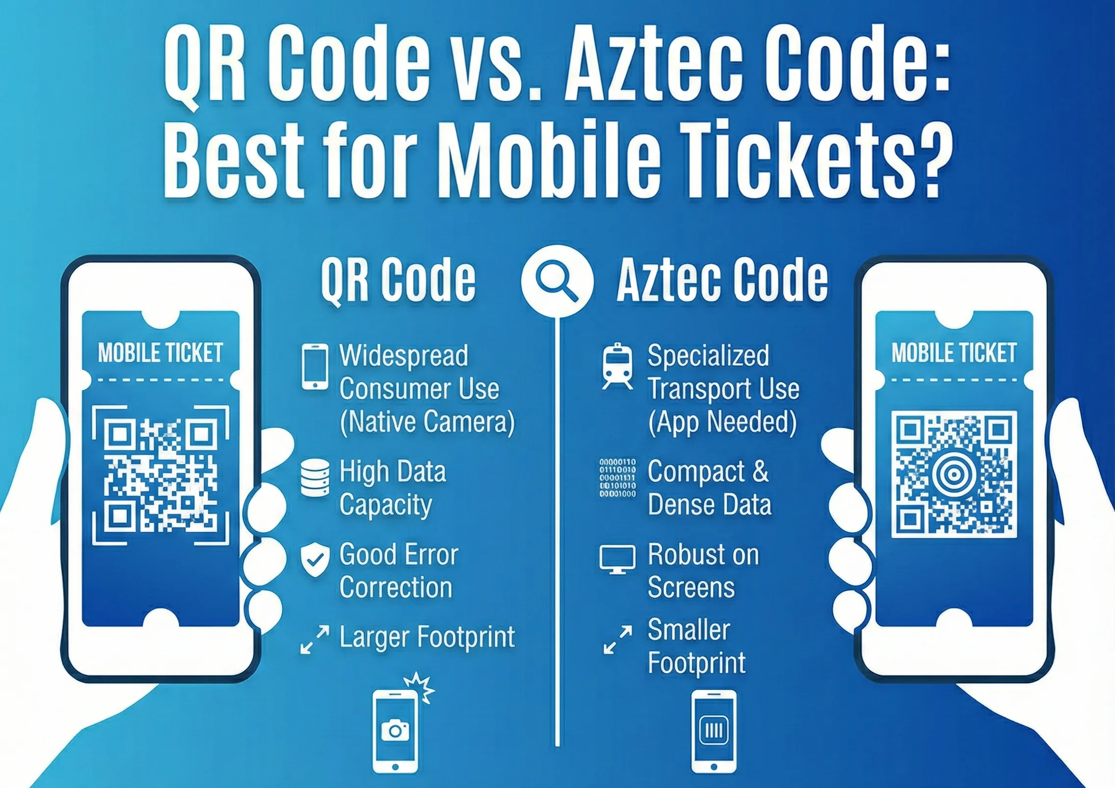 Infographic comparing QR Codes vs. Aztec Codes, highlighting why Aztec Code is the superior choice for mobile ticketing and boarding passes due to its compact size and ability to scan without a quiet zone.