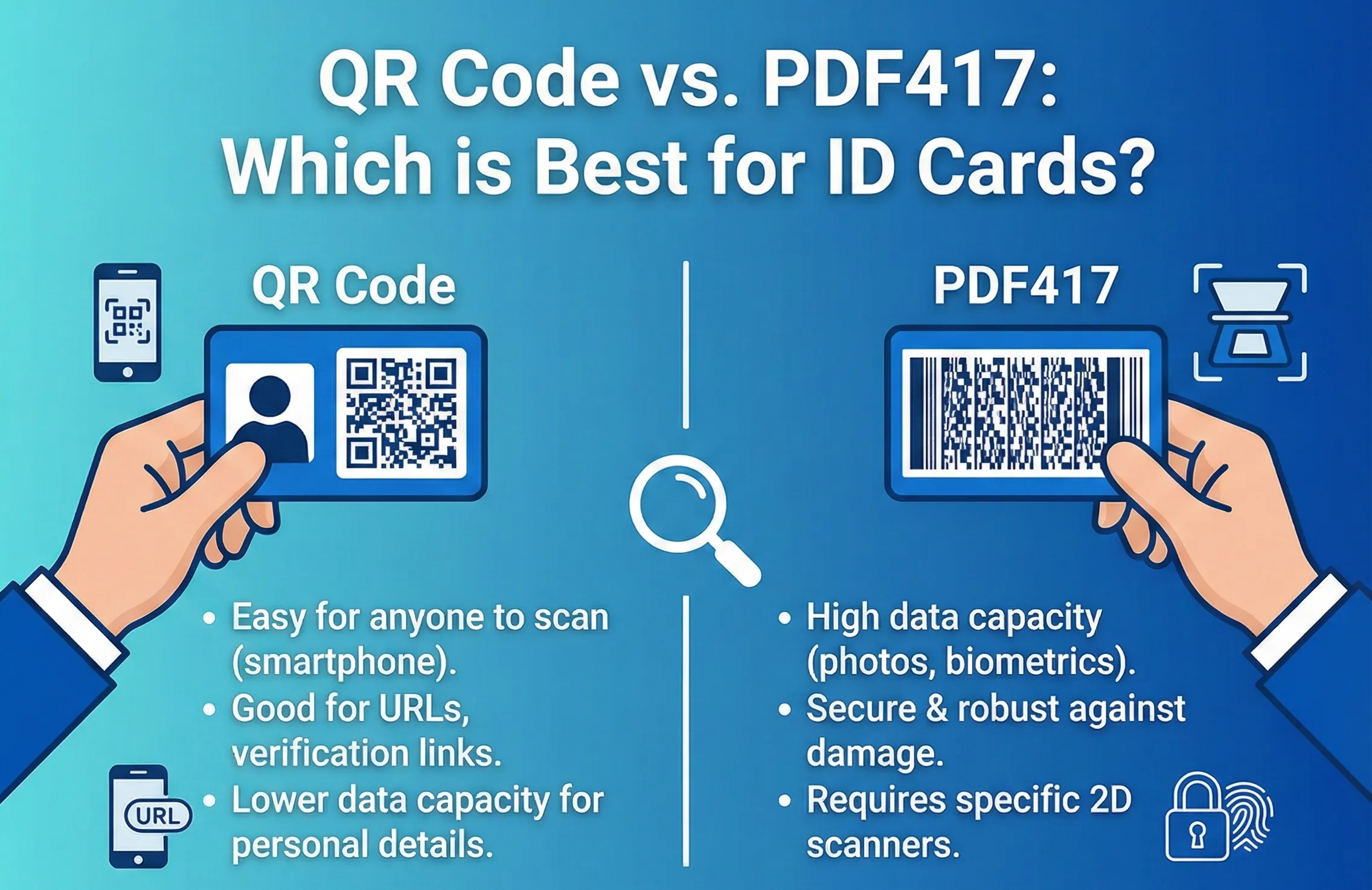 Infographic comparing QR Codes and PDF417 barcodes for ID card applications, illustrating why the high-capacity, durable PDF417 stacked 2D barcode is the standard choice for secure government IDs and driver's licenses over standard QR codes.