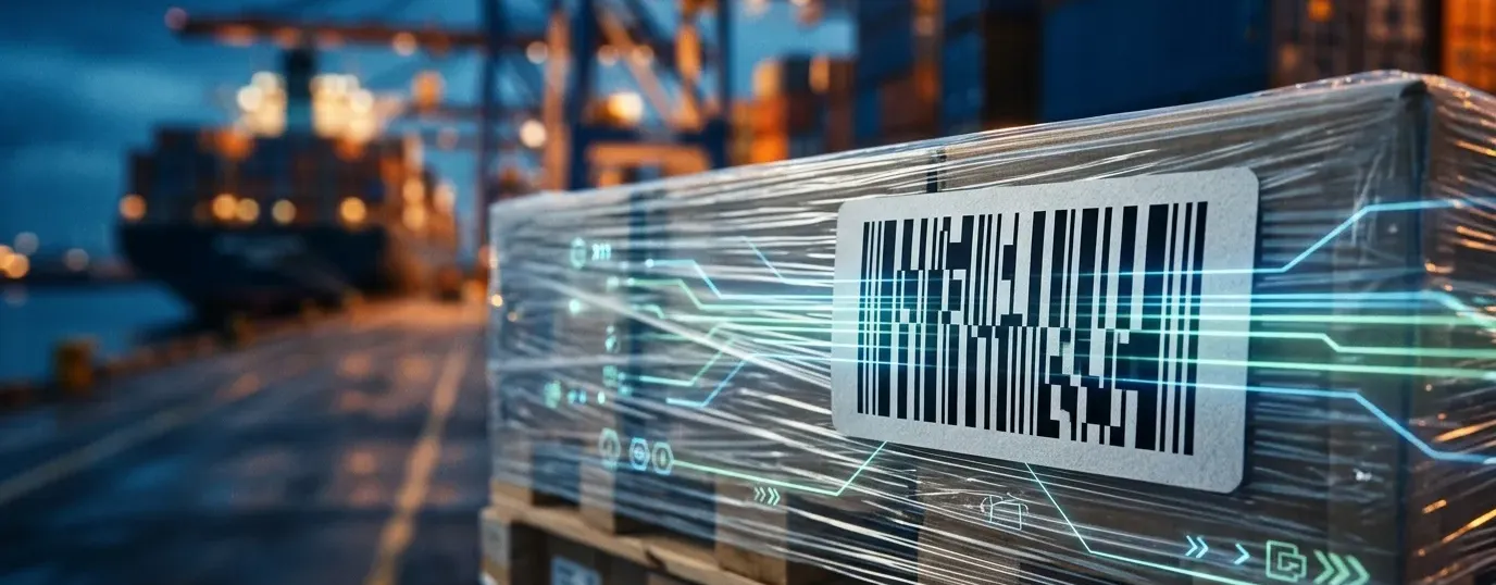 A pallet in a warehouse labeled with an SSCC barcode